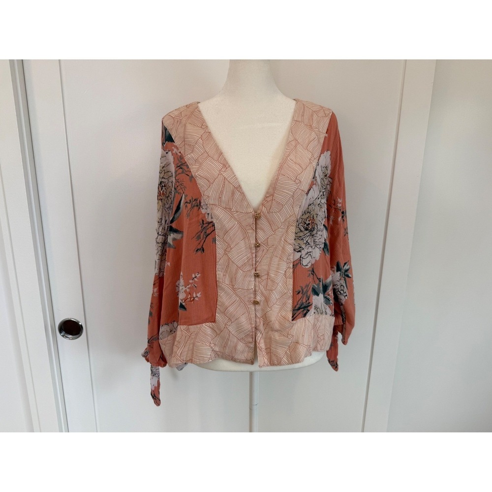 RAIN Boho Floral Peasant Blouse Tie Sleeve Top Pink Romantic Cottagecore L/XL - Picture 2 of 8